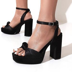 Black strappy platform chunk high heel ankle strap silk heels size 9.5